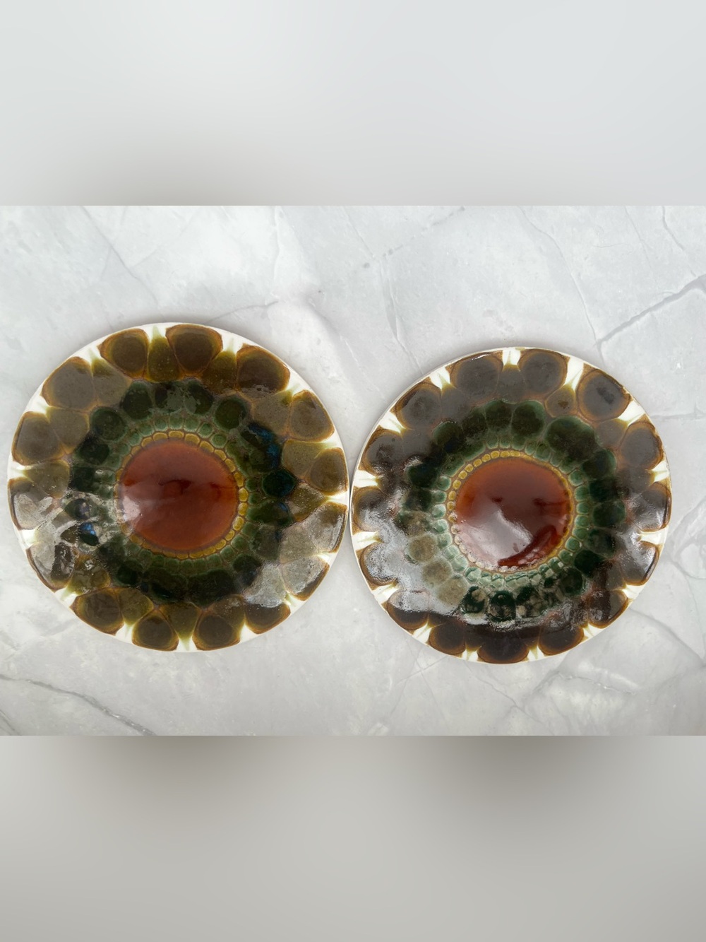 Two Vintage Alan Wallwork Pilkington Studio Ceramic 6" Round Tiles Cork Backing